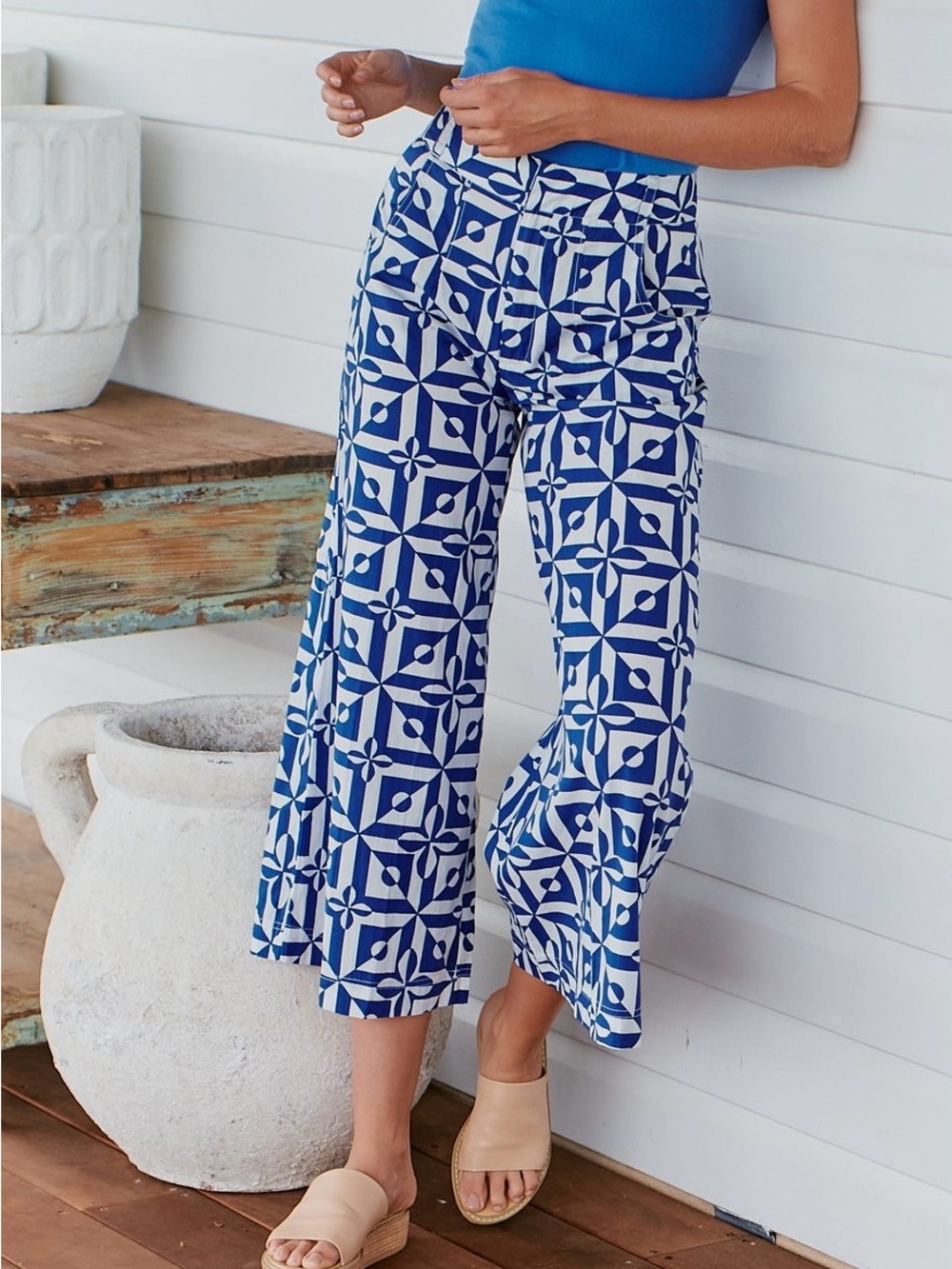 Free People Blue & White Geometric Wide-Leg Cropped Pants